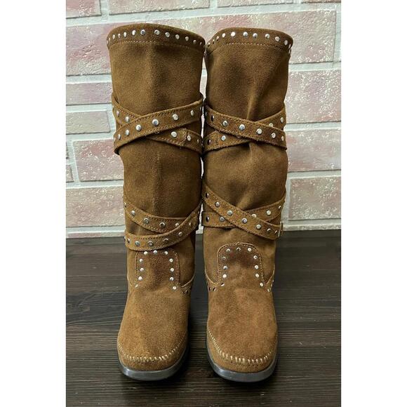 Minnetonka Tall Studded Strap Boots 1642 Brown Leather Women's Size 7 - Picture 3 of 9